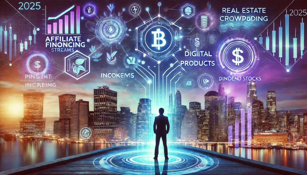 A futuristic city skyline illuminated with holographic financial charts and AI-driven tools floating in the sky. A confident figure stands in the foreground, surrounded by symbols representing passive income streams like affiliate marketing, digital products, real estate crowdfunding, and dividend stocks. The scene is bathed in vibrant blue, purple, and gold hues, symbolizing innovation, financial growth, and digital empowerment in 2025.