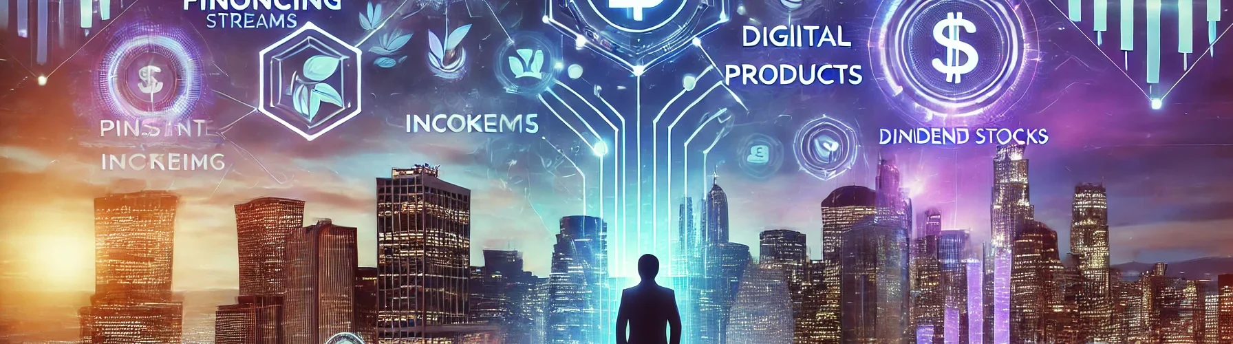 A futuristic city skyline illuminated with holographic financial charts and AI-driven tools floating in the sky. A confident figure stands in the foreground, surrounded by symbols representing passive income streams like affiliate marketing, digital products, real estate crowdfunding, and dividend stocks. The scene is bathed in vibrant blue, purple, and gold hues, symbolizing innovation, financial growth, and digital empowerment in 2025.