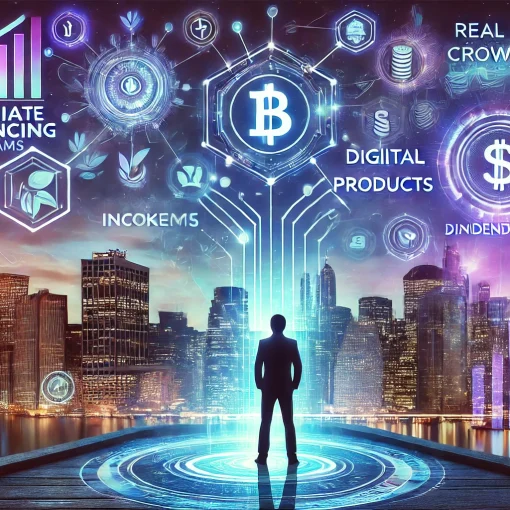 A futuristic city skyline illuminated with holographic financial charts and AI-driven tools floating in the sky. A confident figure stands in the foreground, surrounded by symbols representing passive income streams like affiliate marketing, digital products, real estate crowdfunding, and dividend stocks. The scene is bathed in vibrant blue, purple, and gold hues, symbolizing innovation, financial growth, and digital empowerment in 2025.