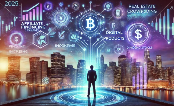 A futuristic city skyline illuminated with holographic financial charts and AI-driven tools floating in the sky. A confident figure stands in the foreground, surrounded by symbols representing passive income streams like affiliate marketing, digital products, real estate crowdfunding, and dividend stocks. The scene is bathed in vibrant blue, purple, and gold hues, symbolizing innovation, financial growth, and digital empowerment in 2025.