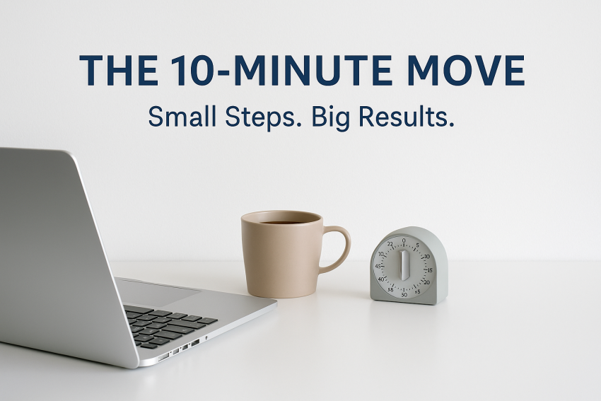 "Minimalist workspace with a laptop, coffee cup, and a timer set to 10:00, symbolizing the 10-Minute Move productivity challenge."