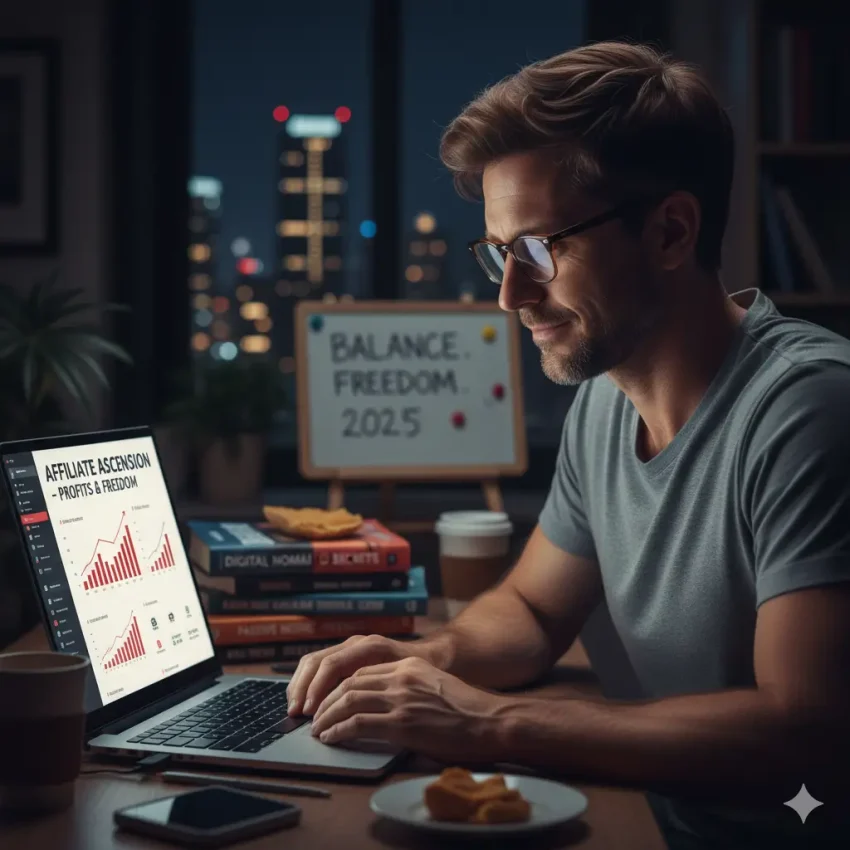 Man working late at laptop, tired but hopeful, symbolizing burnout recovery through affiliate marketing